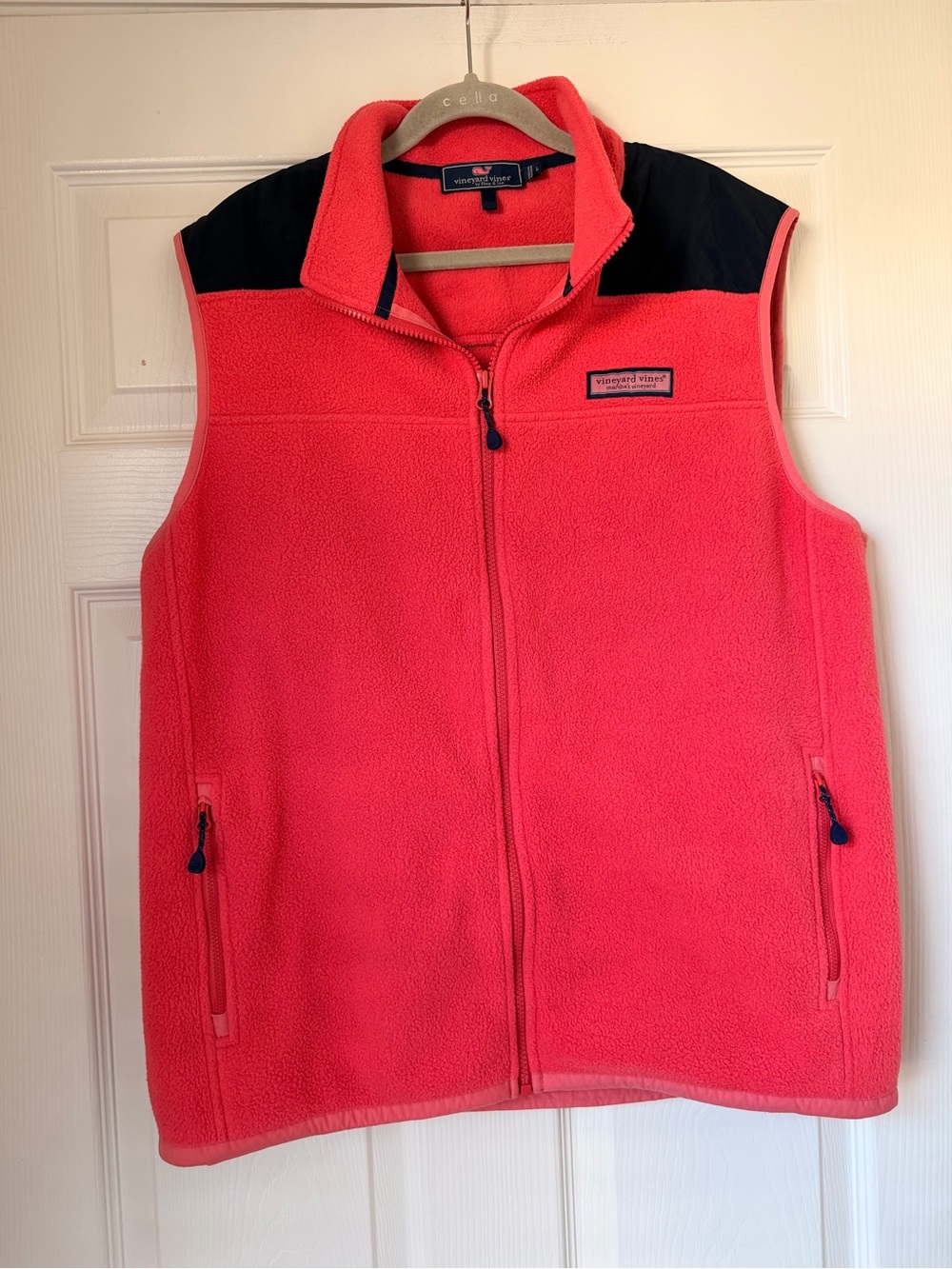 Vineyard Vines Pink Fleece Vest with Navy Shoulder Accents